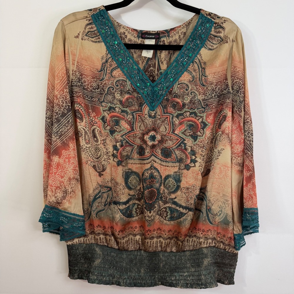 Vintage Cocomo Womens Boho Peasant Top Paisley Bell Sleeve XL Large Festival Y2K